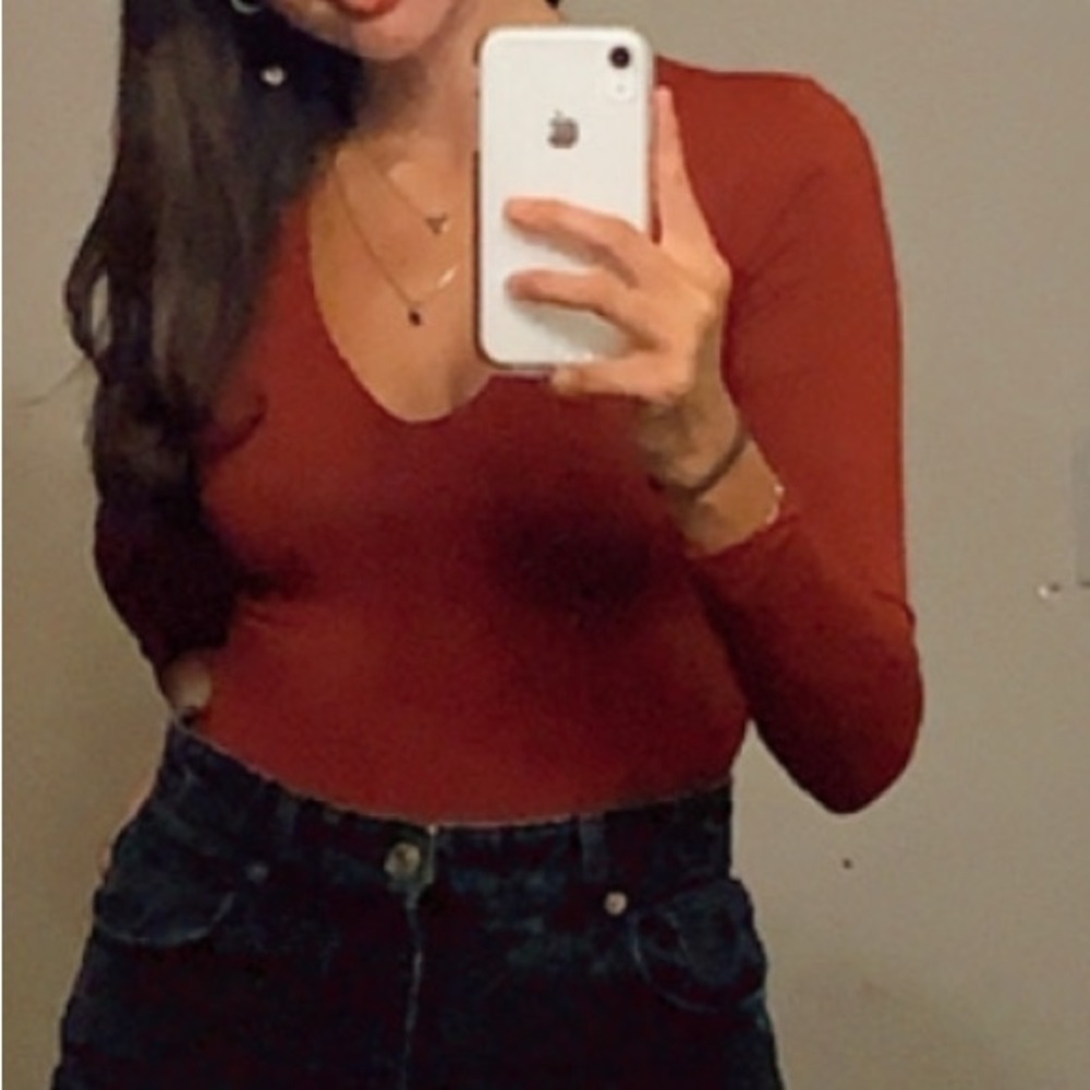ZARA Deep V-Neck Long Bodysuit in Burgundy
